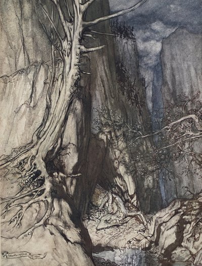 "Egy rettegett sárkány lakik, és egy barlangban őrzi Alberich gyűrűjét", illusztráció a "The Rhinegold and the Valkyrie"-ból, 1910. alkotó: Arthur Rackham